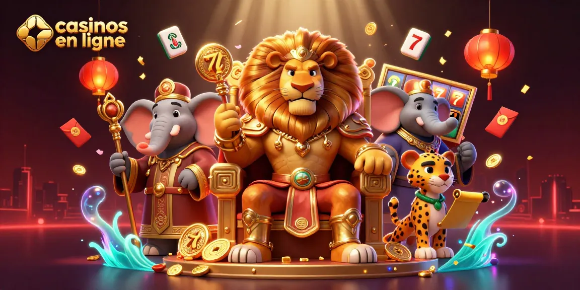 Jouez aux casinos en ligne avec des jackpots, un roi lion et des éléments en or.