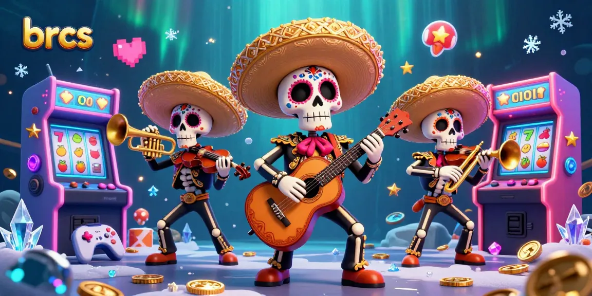 Engage with vibrant games at brcs, featuring an energetic mariachi band amidst colorful arcade elements.