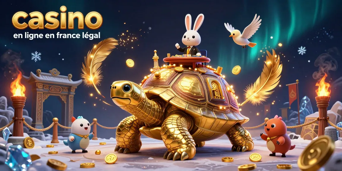 Animation dynamique de jeux sur un casino en ligne en France légal avec tortue dorée et croupiers.