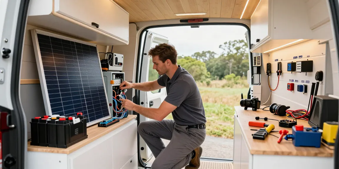 Technician exploring van electrical upgrades with rokok88 components in a bright workshop.