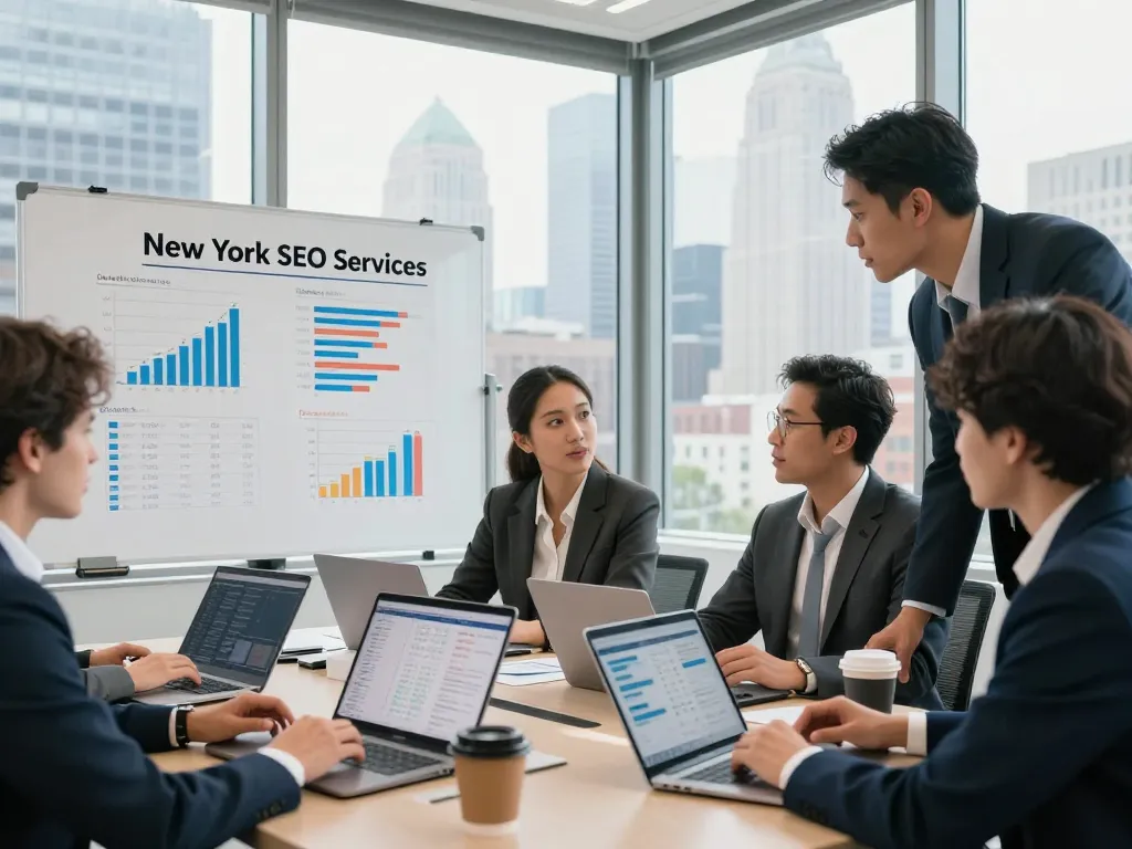 Team collaborating on New York SEO services strategy in modern office.