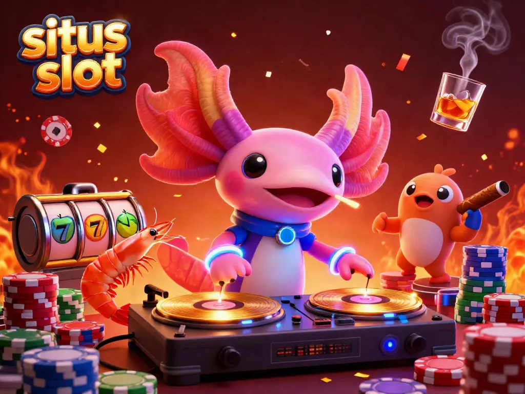Join the vibrant action at situs slot with a neon axolotl DJ and lively characters in a casino atmosphere.