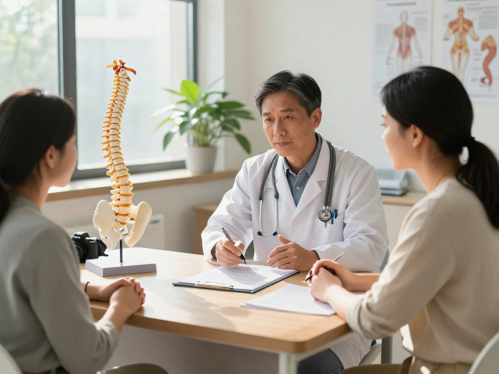 Patient consultation about dar kanal ameliyatı with a surgeon in a modern medical office.