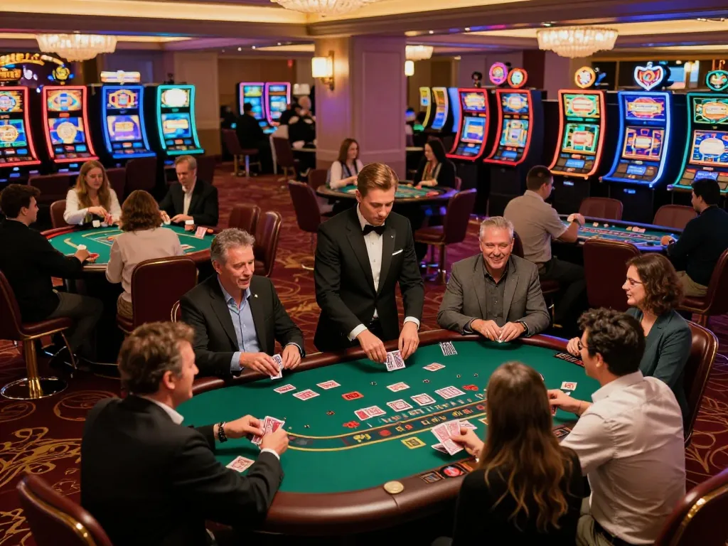 Players enjoying blackjack at 99win's vibrant casino, highlighting thrilling gameplay and lively atmosphere
