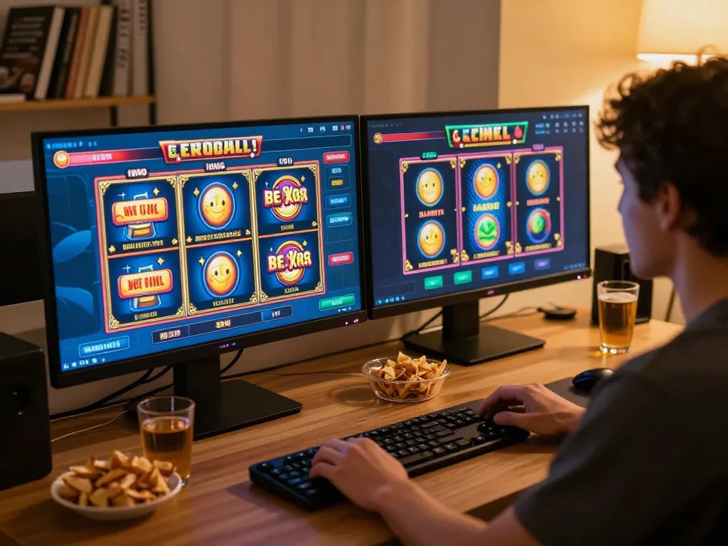 Person playing slot bet kecil online at home, showing vibrant gameplay and cozy setup.
