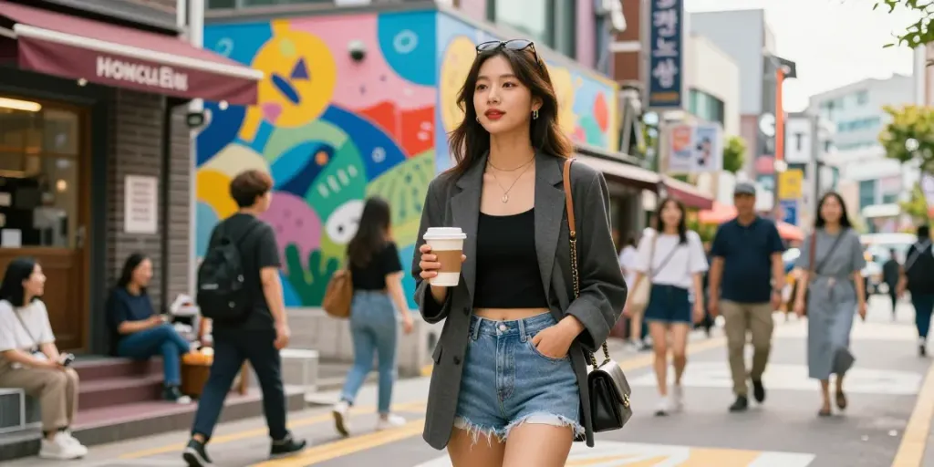 홍대OP의 젊은 여성 고객이 거리에서 스타일을 뽐내며 커피를 마시는 모습