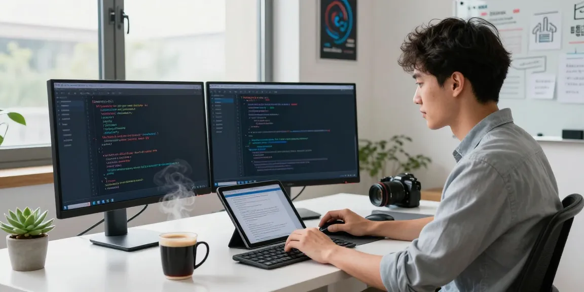 Developer using Telegram中文版 on dual monitors in a modern workspace, highlighting productivity and tech lifestyle.