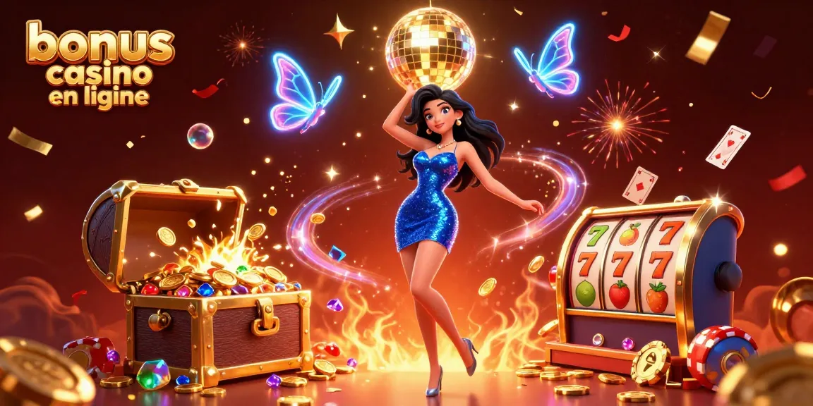 Ressentez l'excitation des bonus de casino en ligne avec des personnages vibrants et des éléments de jeu éblouissants dans une atmosphère festive.