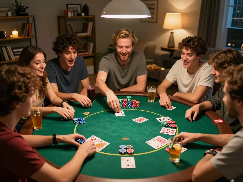 Engaging friends in a nsfw game with poker strategy at home, showcasing chips and cards.