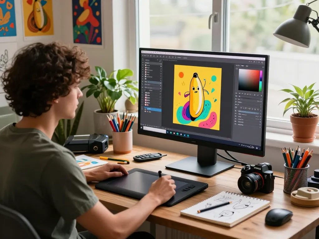 Digital artist using the nano banana AI image editor in a colorful workspace filled with art supplies and inspiration.