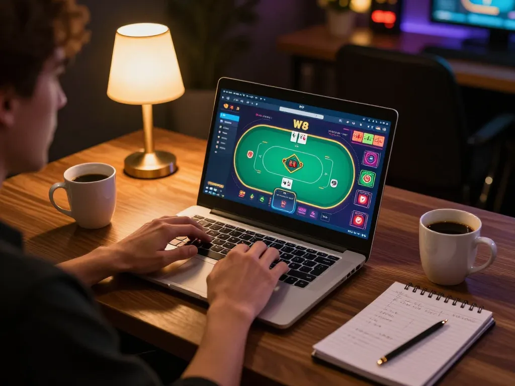 Player enjoying W 88 online casino game on laptop while taking notes for strategy.