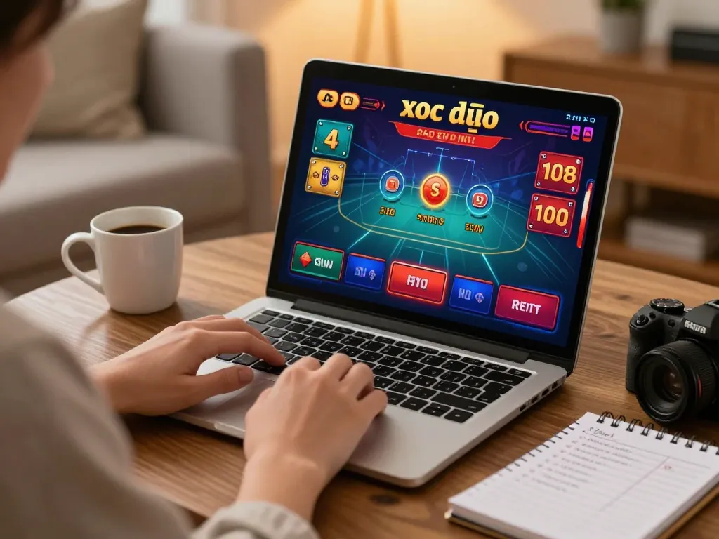 Engaging in xóc đĩa online gameplay on a laptop in a cozy home setting, featuring strategic planning.