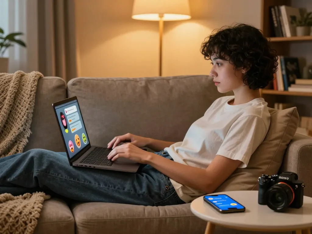 Engaging in NSFW AI chat within a modern cozy home setting, featuring a stylish adult and relaxed ambiance.