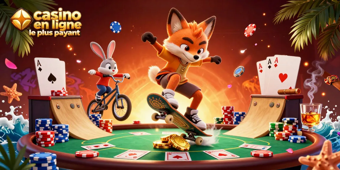 Jouer dans le casino en ligne le plus payant avec un renard patineur et un lapin BMX, ambiance festive.