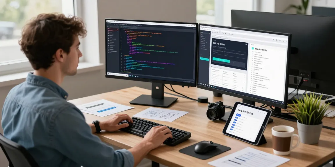 Modern workspace featuring a developer enhancing 纸飞机中文版 with code and project management tools.