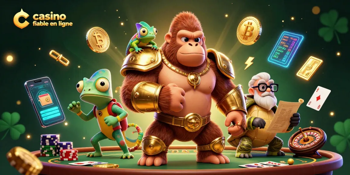 Jouer sur un casino fiable en ligne avec un gorille puissant et un caméléon, entourés d'éléments de jeu.