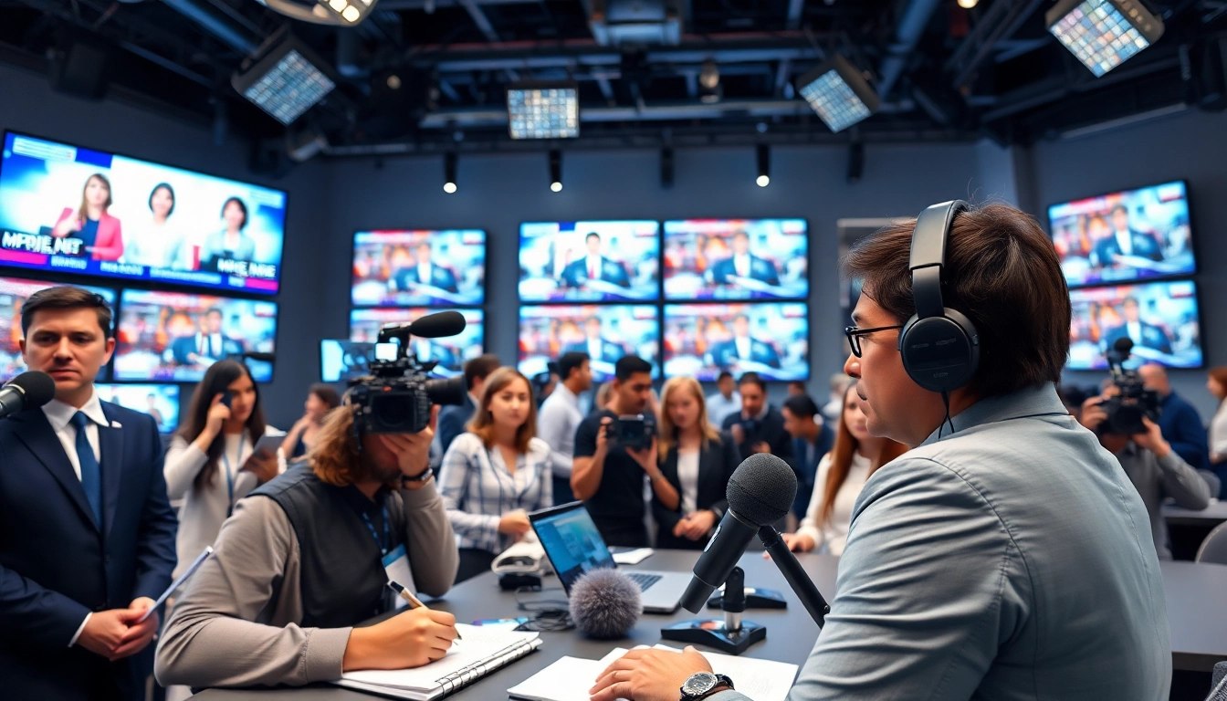 Capture of a newsroom where journalists report the latest news in a vibrant environment.