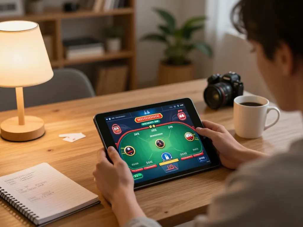 Person enjoying mm88 online poker on tablet in a cozy living room setting, engaging in responsible gaming.