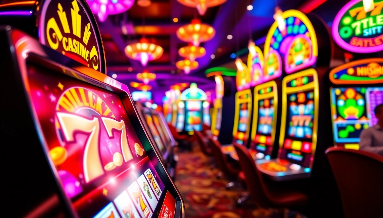 Mainan slot 777 yang bersinar di casino, dengan koin berjatuhan menarik hati.