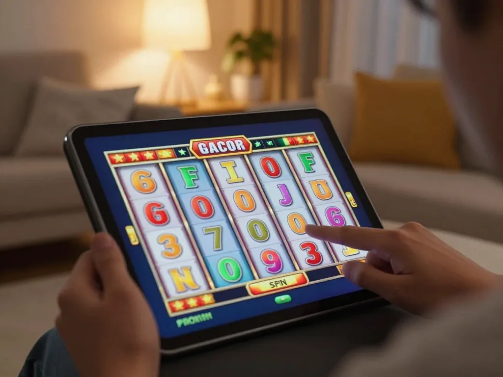 Engaging online gameplay with slot gacor reels in motion on a tablet, showcasing excitement.