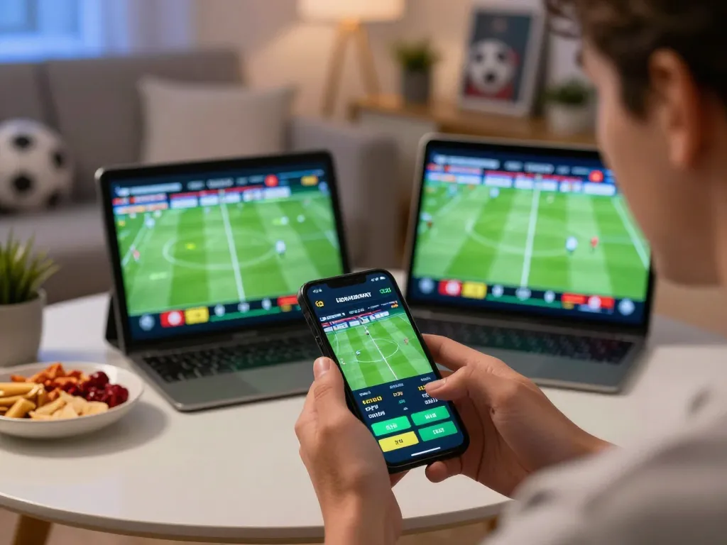 Engaging in sports predictions and betting strategies while watching a live match, showcasing So Sánh Goaloo Và Nowgoal in action.