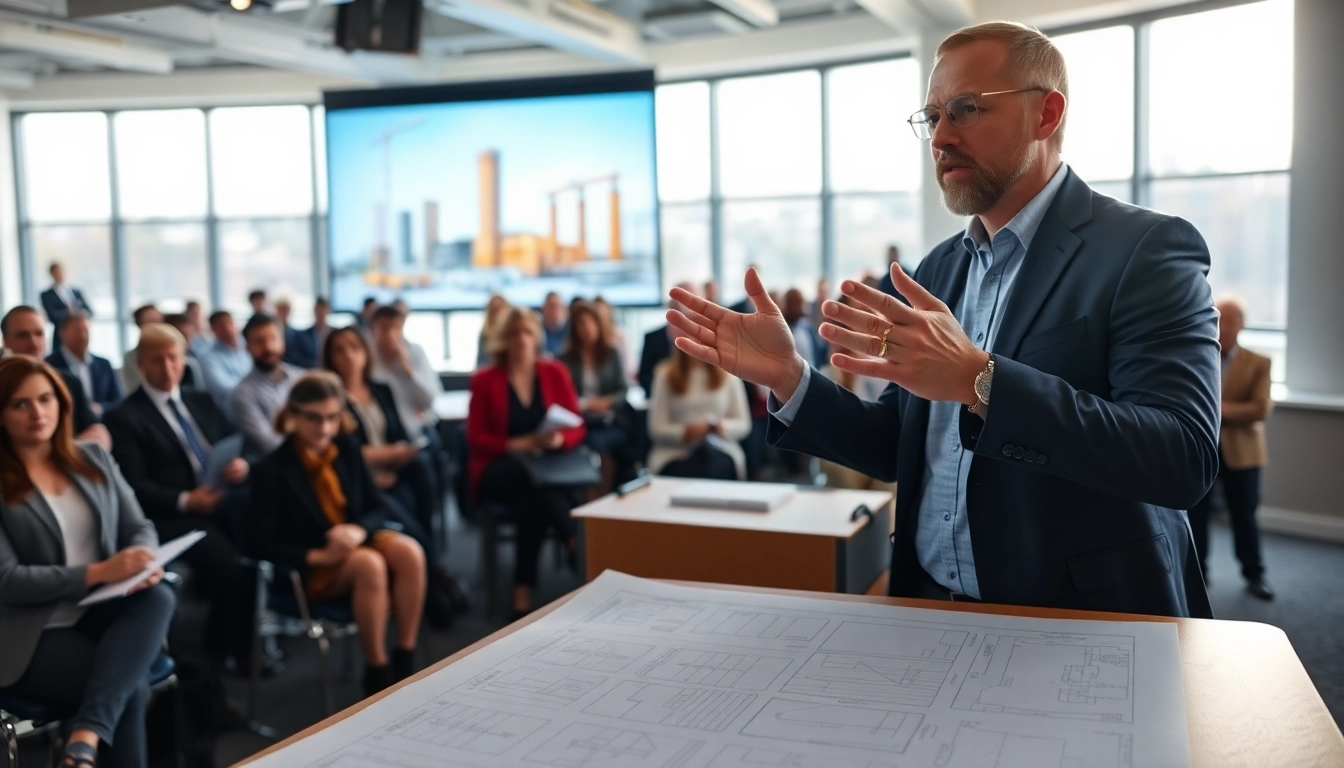 Engaging construction advocacy presentation showcasing innovative plans in a professional setting.