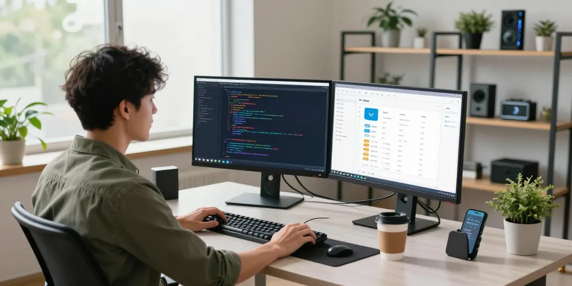 Developer coding in a tech workspace featuring telegram中文版 on dual monitors, showcasing innovation and productivity.