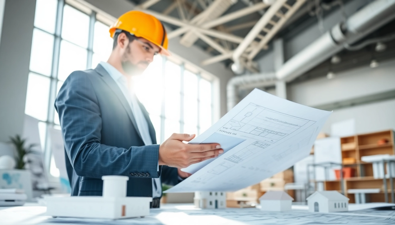 New York Construction Manager analyzing project plans in a professional office setting.