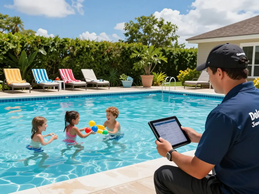 Dolphin Pool Services family-friendly pool maintenance with vibrant outdoor setting and certified technician ensuring quality care
