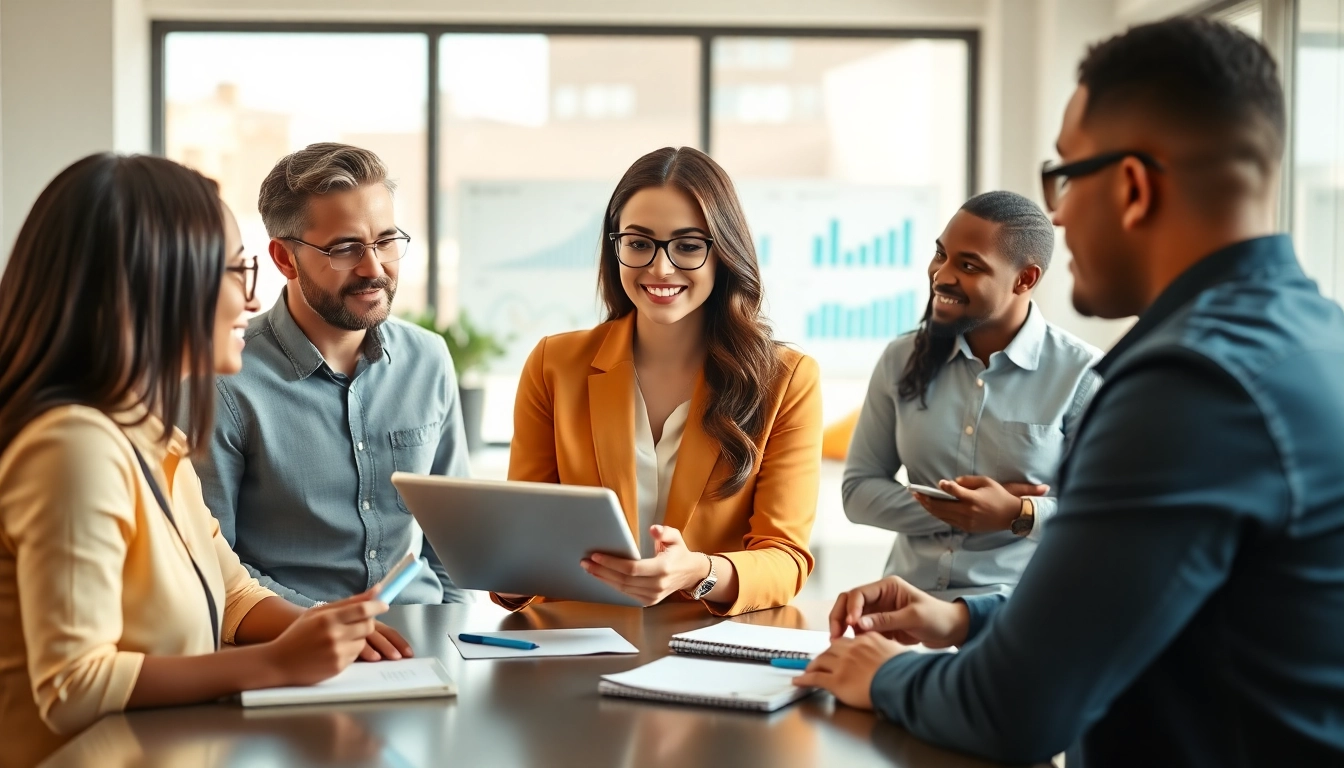 Engage with an outsourced marketing director leading a team meeting in a bright, modern office.
