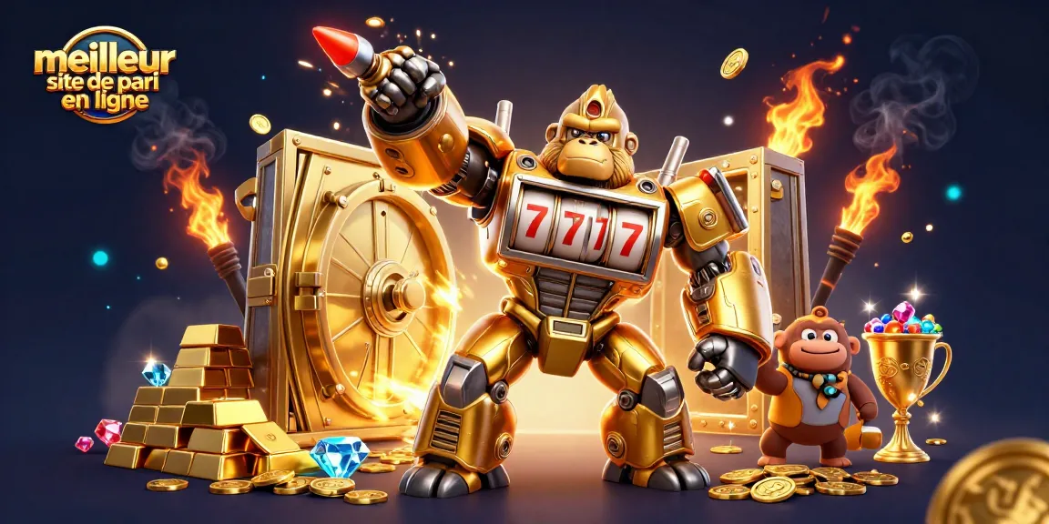 Illustration du meilleur site de pari en ligne, représentant un gorille mech doré à thème de casino avec des pièces d'or