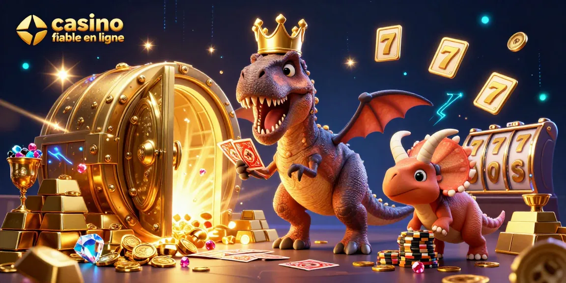 Découvrez les jeux au casino fiable en ligne avec un T-Rex jouant aux cartes entouré de richesses.