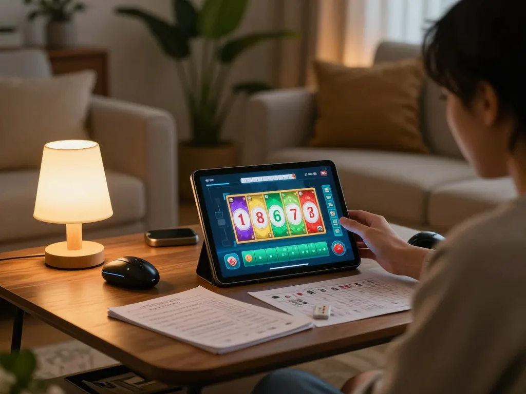 Engaging gameplay on Mahjong slot highlighted on a tablet during a relaxed home gaming session