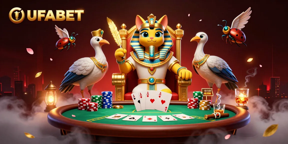 Engage with UFABET as a vibrant and dynamic online gambling scene featuring a 3D cartoon Egyptian pharaoh cat.