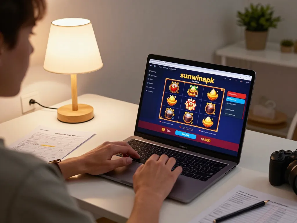 Engaged player using sunwinapk on a laptop for strategic online gaming and bankroll management