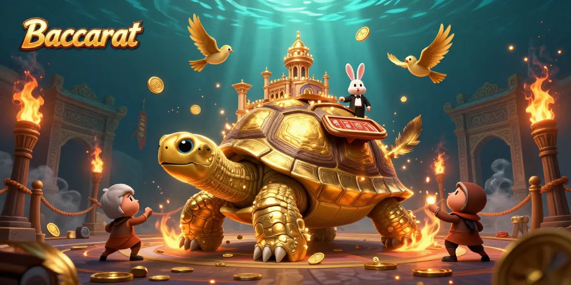 Baccarat table scene with a golden tortoise casino and rabbit dealer amidst flying golden coins