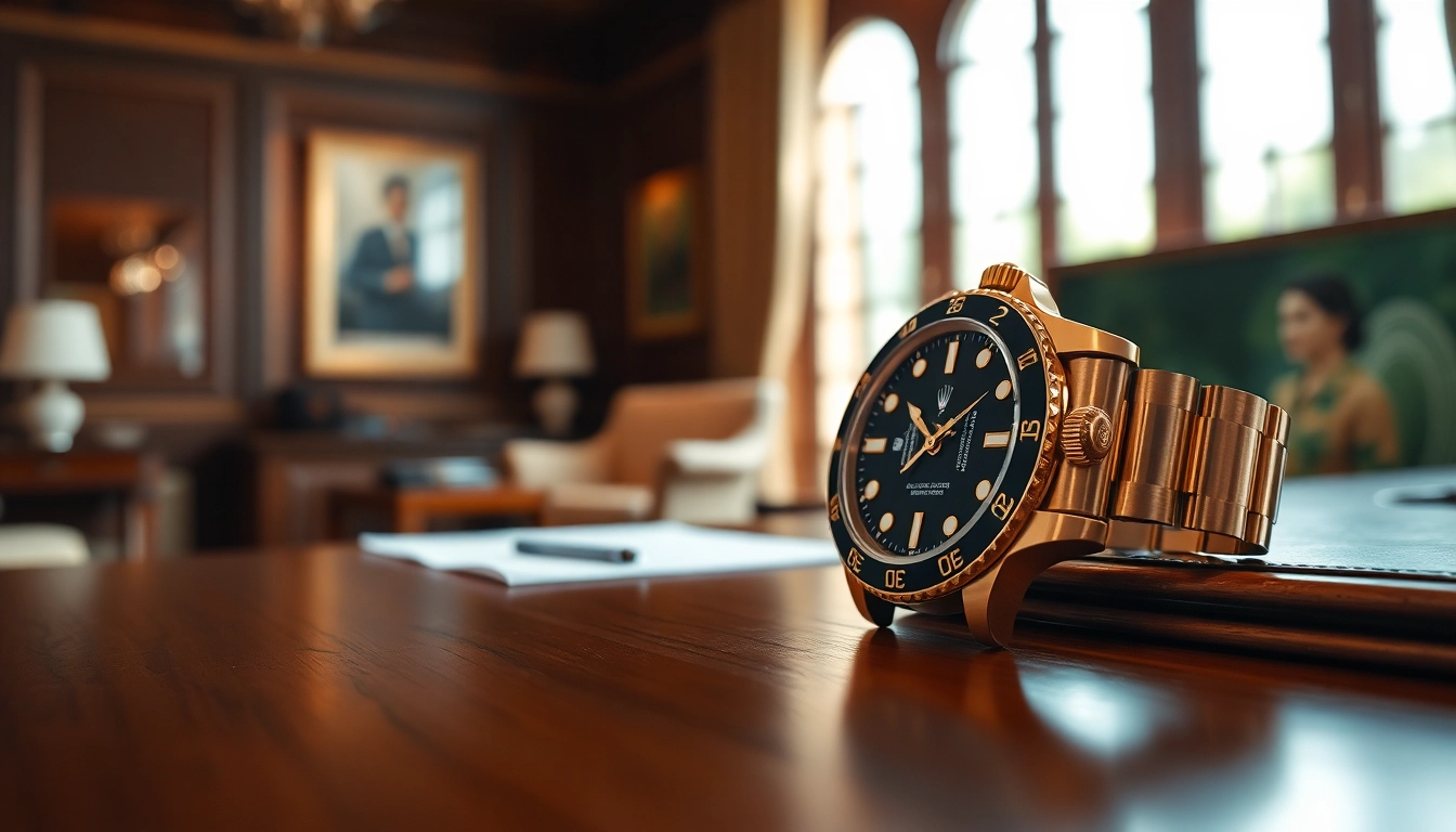 Showcasing a detailed rolex replica watch on a sleek wooden surface with elegant lighting.