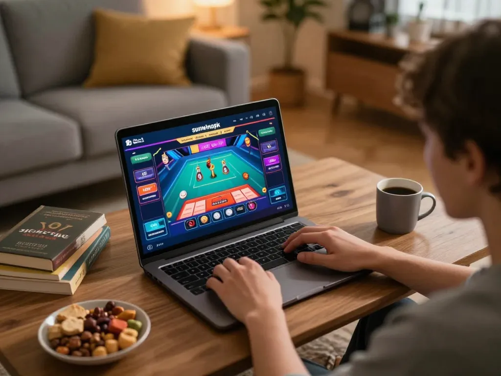 Gamblers enjoying strategic gameplay on the sunwinapk app in a cozy living room setup.