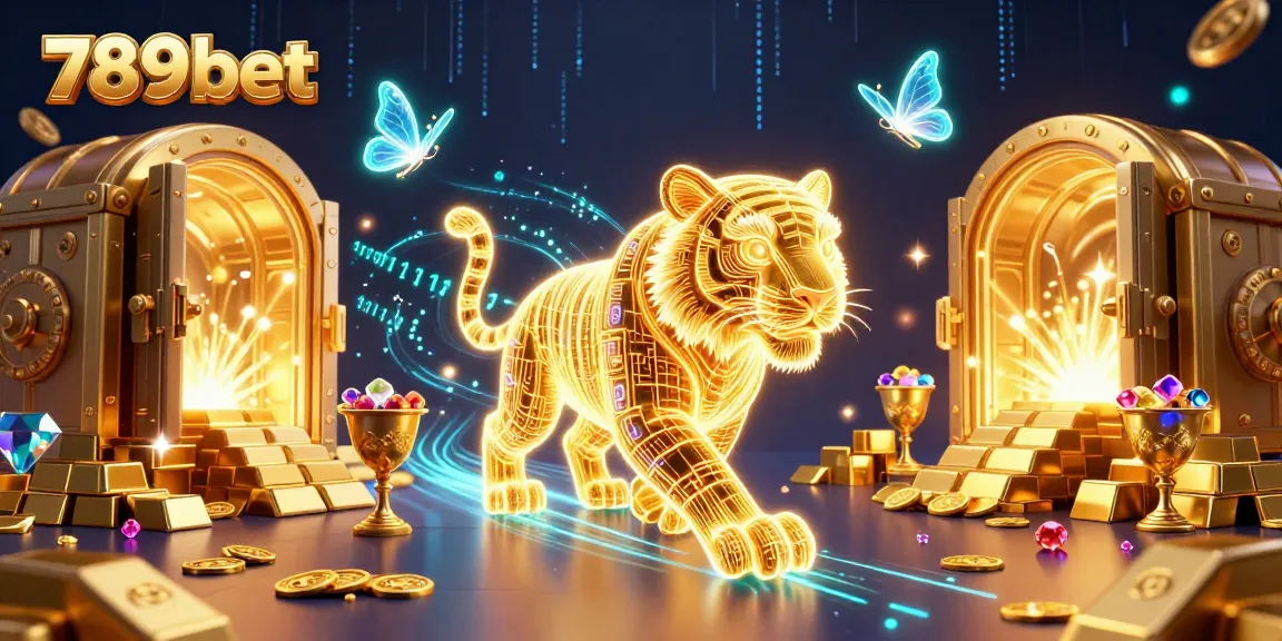Experience the thrill of 789bet with a vibrant casino scene featuring a golden tiger, treasure, and holographic butterflies.