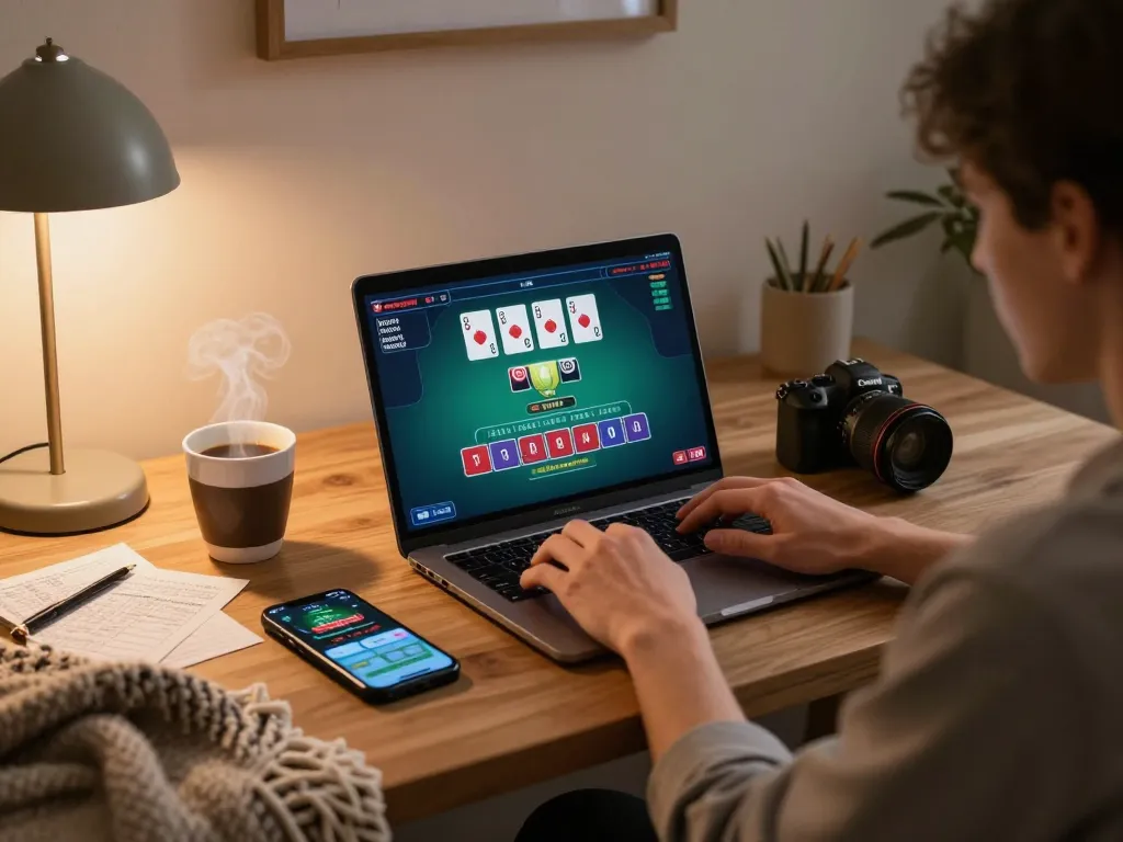 Pemain yang terlibat di oracle apps hub dengan laptop untuk blackjack dealer langsung dan aplikasi mobile di samping kopi