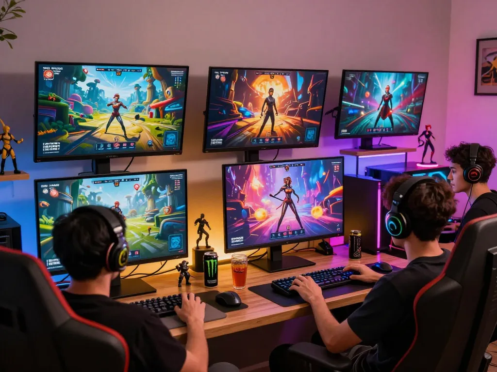 Engaging gameplay scene showcasing diverse characters in a vibrant sex games online setup, complete with colorful fantasy graphics and cozy gaming environment.