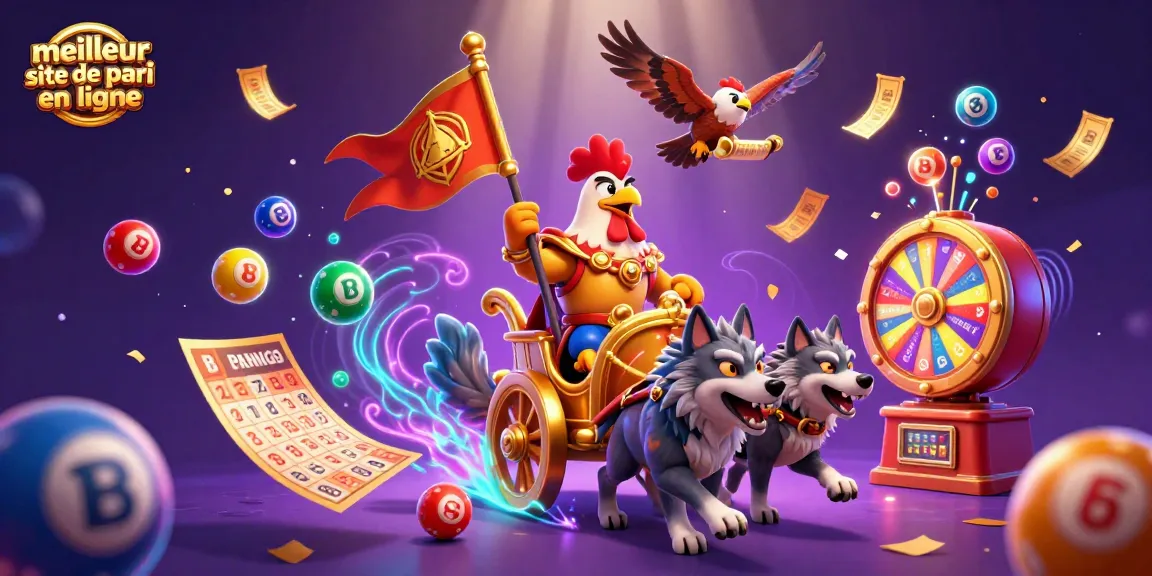 Jouez sur le meilleur site de pari en ligne avec un roi en chariot d'or entouré de billets de loterie et de jeux.