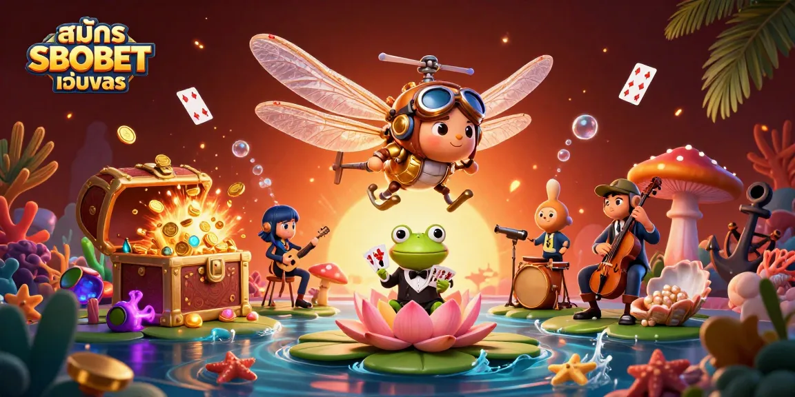 Engage with the thrilling world of สมัคร SBOBET เว็บตรง at a vibrant lily pad casino, showcasing action-packed gambling elements.