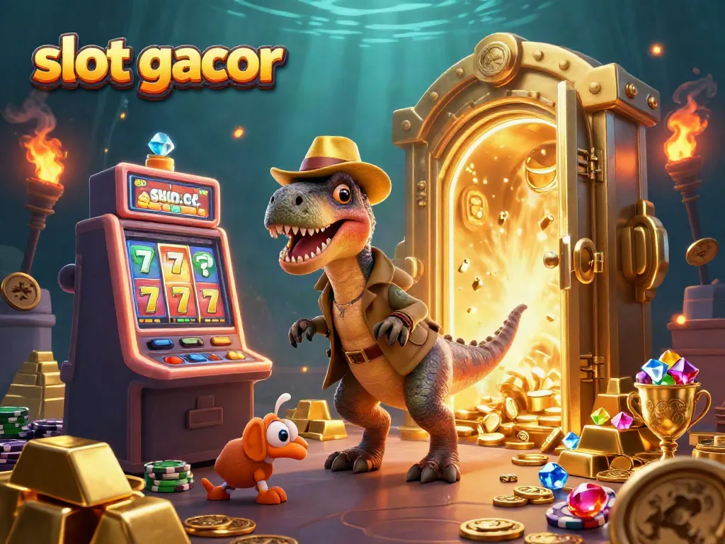 Experience slot gacor excitement with a velociraptor card counter and vibrant slot machine treasures.