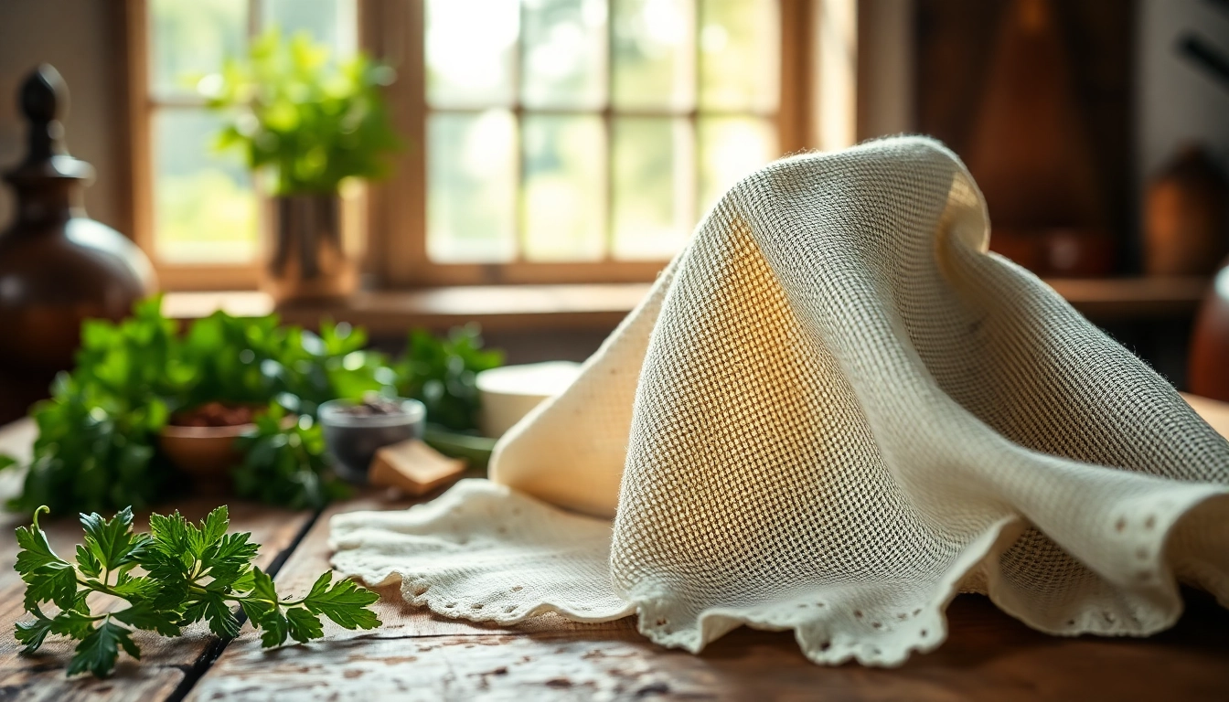 Kaasdoek met fijne textuur naast verse kruiden en specerijen op een rustieke tafel