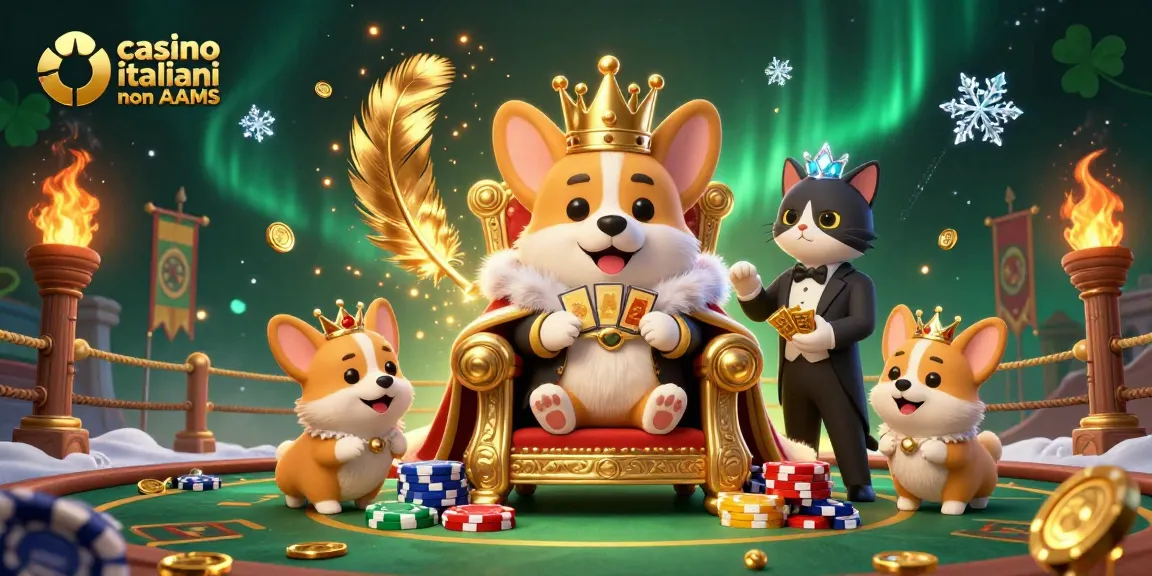 Scena coinvolgente di casino italiani non AAMS con corgi reali, carte dorate e elementi vibranti del casinò.
