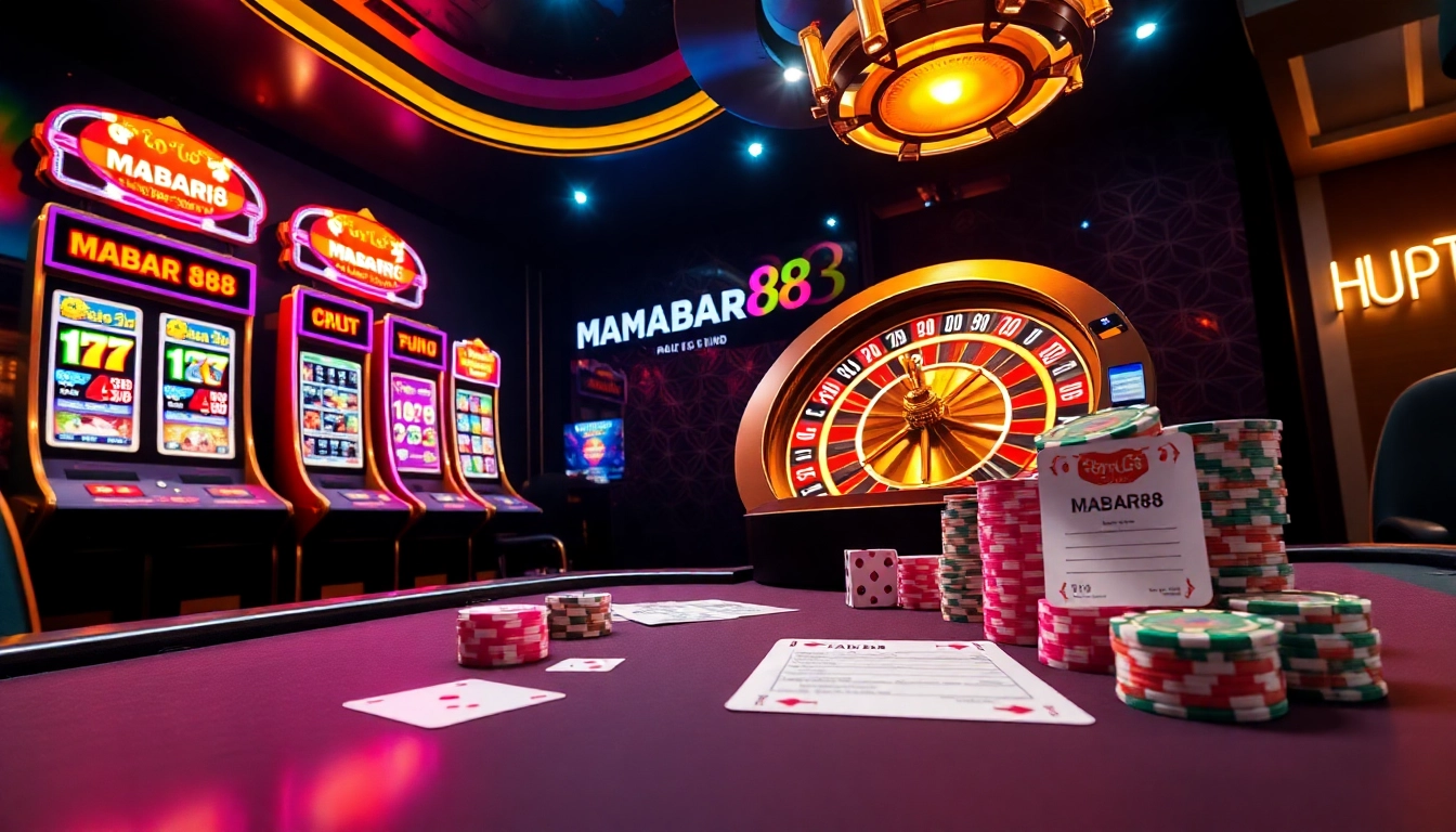 Platform online MABAR88 yang menampilkan mesin slot berwarna-warni, kartu, dan chip poker dalam suasana perjudian yang penuh semangat.