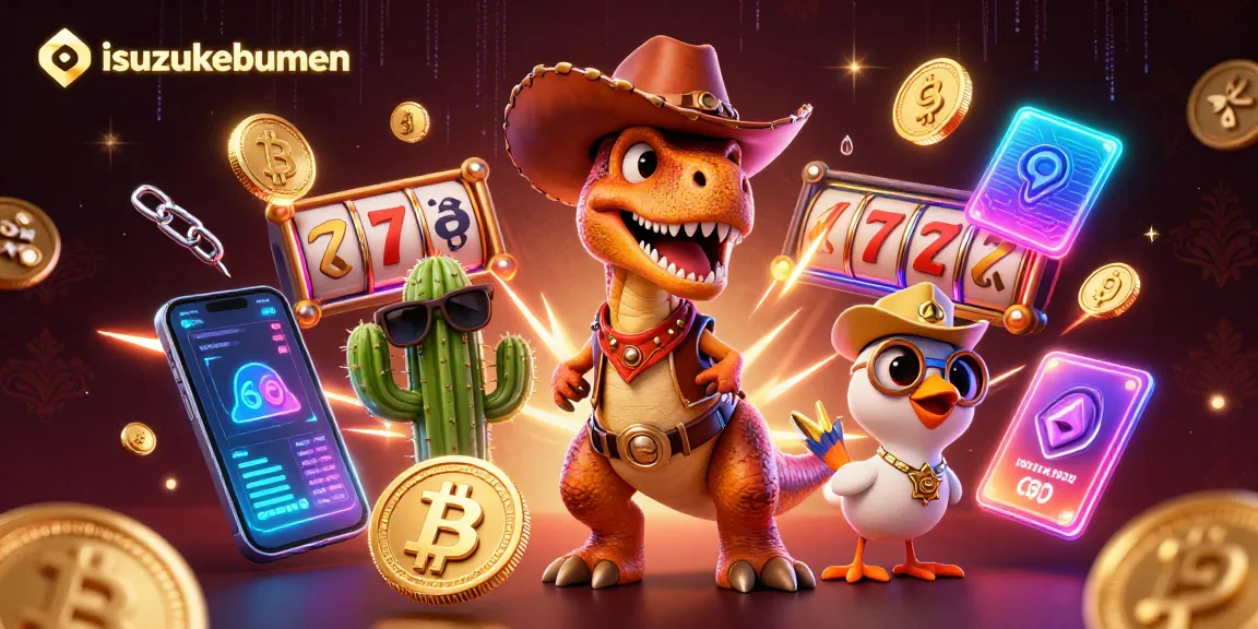 Spin and win with isuzukebumen’s vibrant 3D casino illustration featuring a T-Rex at the slots.