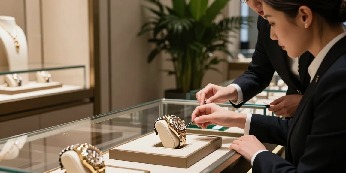 Customer exploring exquisite rolex replica watches in a luxury boutique