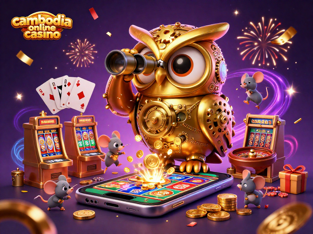 Cambodia online casino scene with a golden owl and wind-up mice amidst dynamic slot machines and festive elements.